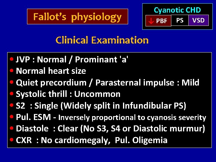 Fallot’s physiology Cyanotic CHD ↓ PBF PS VSD Clinical Examination JVP : Normal /