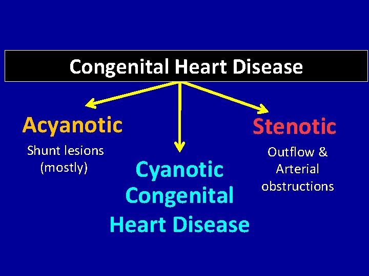 Congenital Heart Disease Acyanotic Shunt lesions (mostly) Cyanotic Congenital Heart Disease Stenotic Outflow &