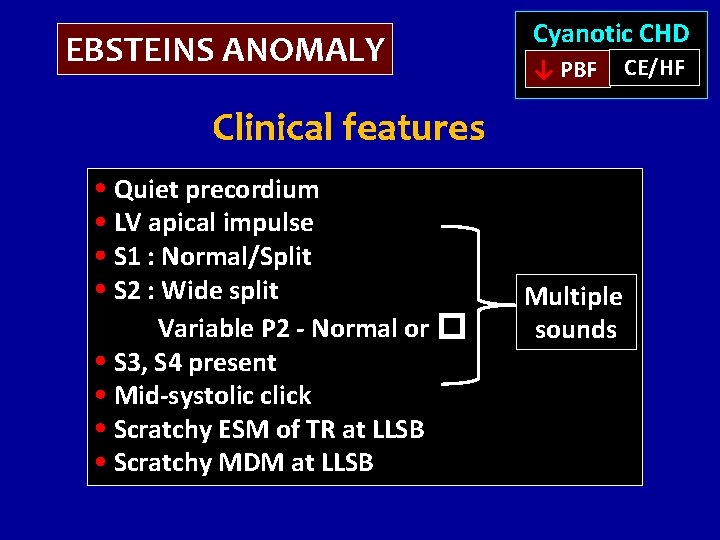 EBSTEINS ANOMALY Cyanotic CHD ↓ PBF Clinical features Quiet precordium LV apical impulse S