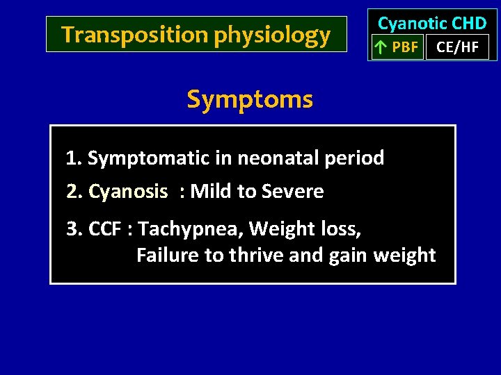 Transposition physiology Cyanotic CHD ↑ PBF Symptoms 1. Symptomatic in neonatal period 2. Cyanosis