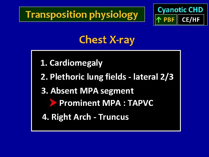 Transposition physiology Cyanotic CHD ↑ PBF Chest X-ray 1. Cardiomegaly 2. Plethoric lung fields
