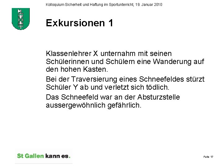 Kolloquium Sicherheit und Haftung im Sportunterricht, 19. Januar 2010 Exkursionen 1 Klassenlehrer X unternahm