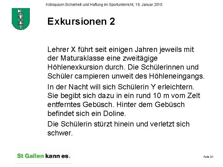 Kolloquium Sicherheit und Haftung im Sportunterricht, 19. Januar 2010 Exkursionen 2 Lehrer X führt