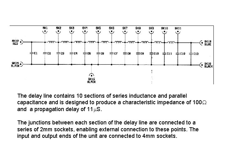 The delay line contains 10 sections of series inductance and parallel capacitance and is