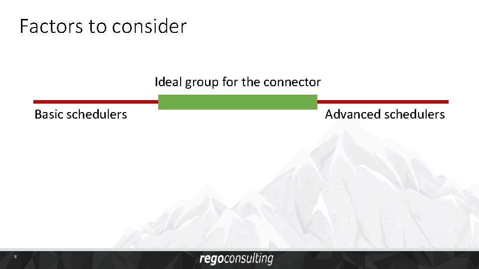 Factors to consider Ideal group for the connector Basic schedulers 8 Advanced schedulers 