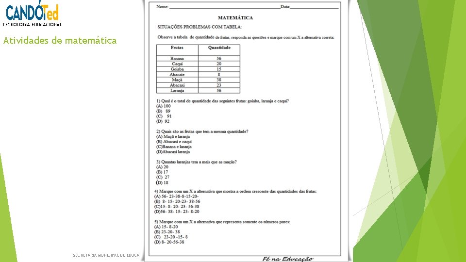 TECNOLOGIA EDUCACIONAL Atividades de matemática SECRETARIA MUNICIPAL DE EDUCAÇÃO E CULTURA – Candói -