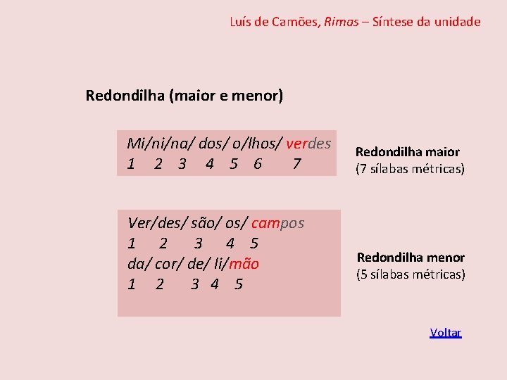 Luís de Camões, Rimas – Síntese da unidade Redondilha (maior e menor) Mi/ni/na/ dos/