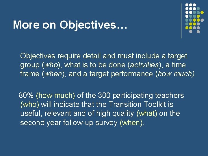 More on Objectives… Objectives require detail and must include a target group (who), what More on Objectives… Objectives require detail and must include a target group (who), what