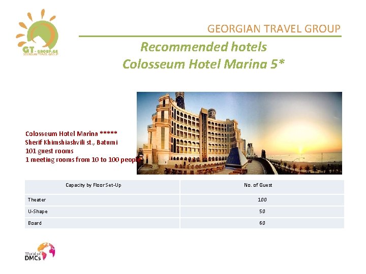 GEORGIAN TRAVEL GROUP Recommended hotels Colosseum Hotel Marina 5* Colosseum Hotel Marina ***** Sherif