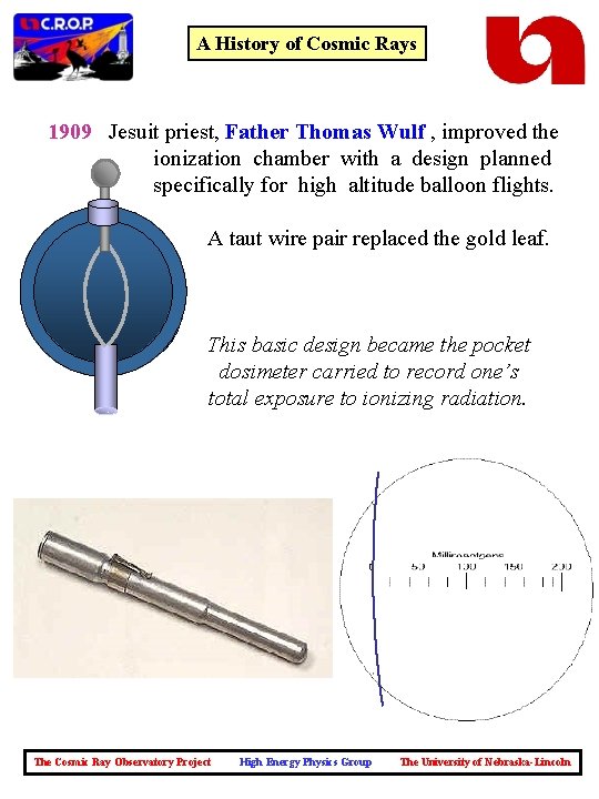 A History of Cosmic Rays 1909 Jesuit priest, Father Thomas Wulf , improved the