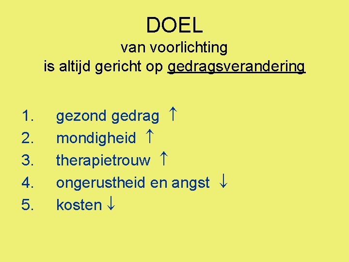 DOEL van voorlichting is altijd gericht op gedragsverandering 1. 2. 3. 4. 5. gezond