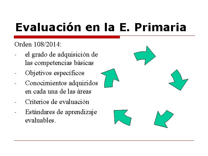 Evaluación en la E. Primaria Orden 108/2014: el grado de adquisición de las competencias