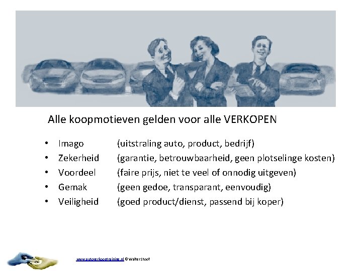 Alle koopmotieven gelden voor alle VERKOPEN • • • Imago Zekerheid Voordeel Gemak Veiligheid