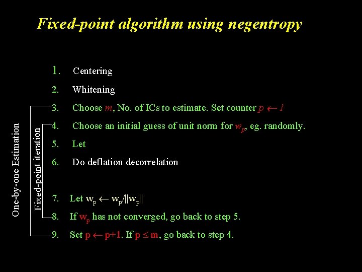 Fixed-point algorithm using negentropy Fixed-point iteration One-by-one Estimation 1. Centering 2. Whitening 3. Choose