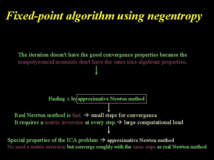 Fixed-point algorithm using negentropy The iteration doesn't have the good convergence properties because the