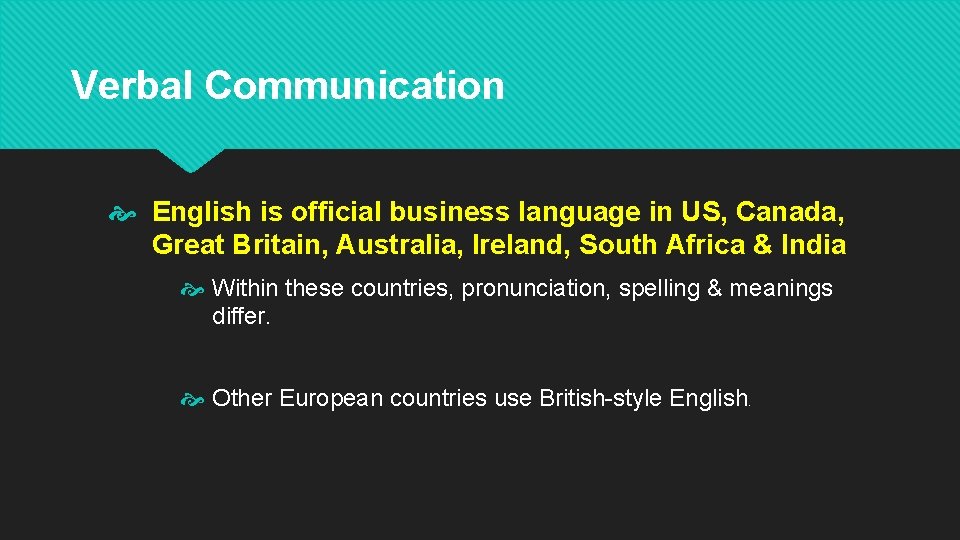 Verbal Communication English is official business language in US, Canada, Great Britain, Australia, Ireland,