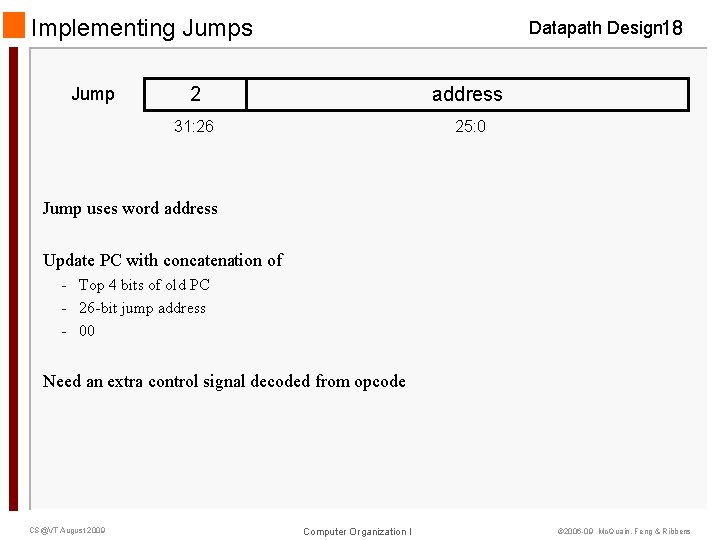 Implementing Jumps Jump Datapath Design 18 2 address 31: 26 25: 0 Jump uses Implementing Jumps Jump Datapath Design 18 2 address 31: 26 25: 0 Jump uses