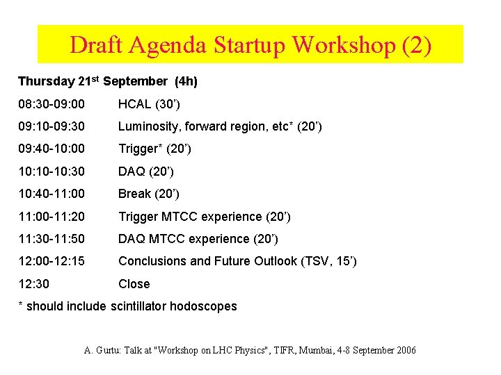 Draft Agenda Startup Workshop (2) Thursday 21 st September (4 h) 08: 30 -09: