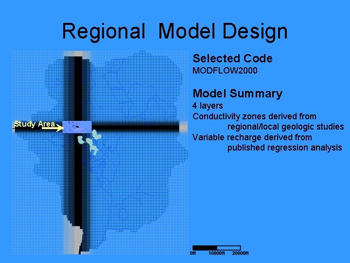 Regional Model Design Selected Code MODFLOW 2000 Model Summary Study Area 4 layers Conductivity