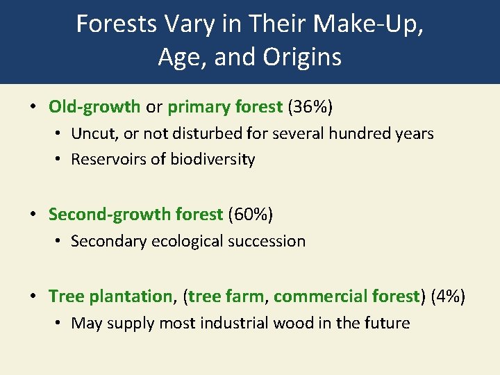 Forests Vary in Their Make-Up, Age, and Origins • Old-growth or primary forest (36%)