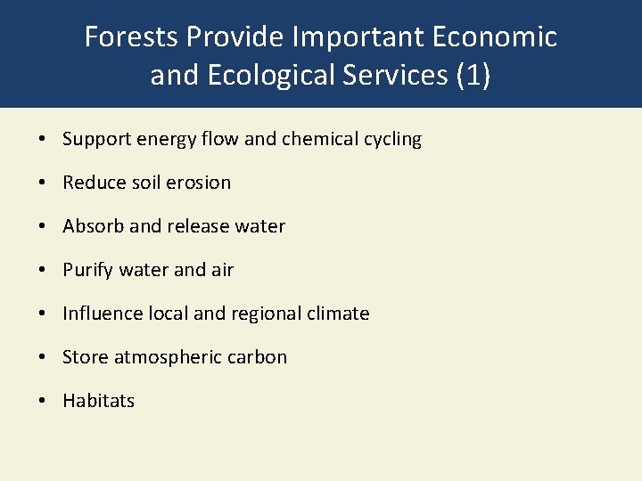 Forests Provide Important Economic and Ecological Services (1) • Support energy flow and chemical