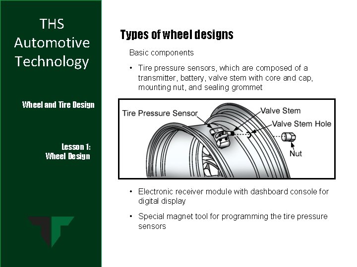 THS Automotive Technology Types of wheel designs Basic components • Tire pressure sensors, which