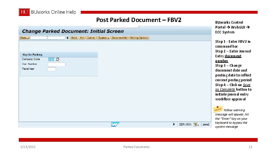 Post Parked Document – FBV 2 BUworks Central Portal Web. GUI ECC System Step