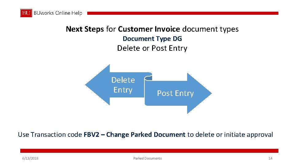 Next Steps for Customer Invoice document types Document Type DG Delete or Post Entry