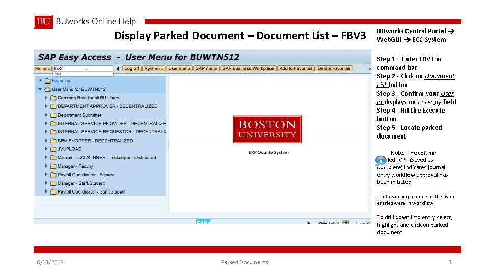 Display Parked Document – Document List – FBV 3 BUworks Central Portal Web. GUI