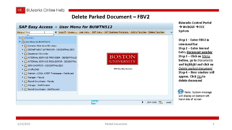 Delete Parked Document – FBV 2 BUworks Central Portal Web. GUI ECC System Step