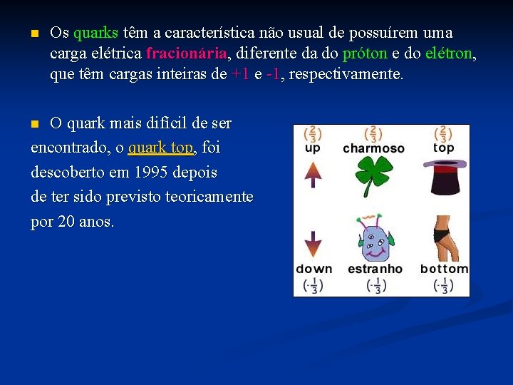n Os quarks têm a característica não usual de possuírem uma carga elétrica fracionária, n Os quarks têm a característica não usual de possuírem uma carga elétrica fracionária,