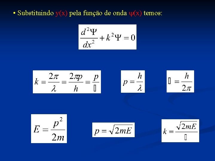 • Substituindo y(x) pela função de onda y(x) temos: • Substituindo y(x) pela função de onda y(x) temos: