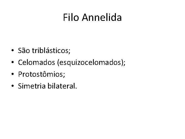 Filo Annelida • • São triblásticos; Celomados (esquizocelomados); Protostômios; Simetria bilateral. 