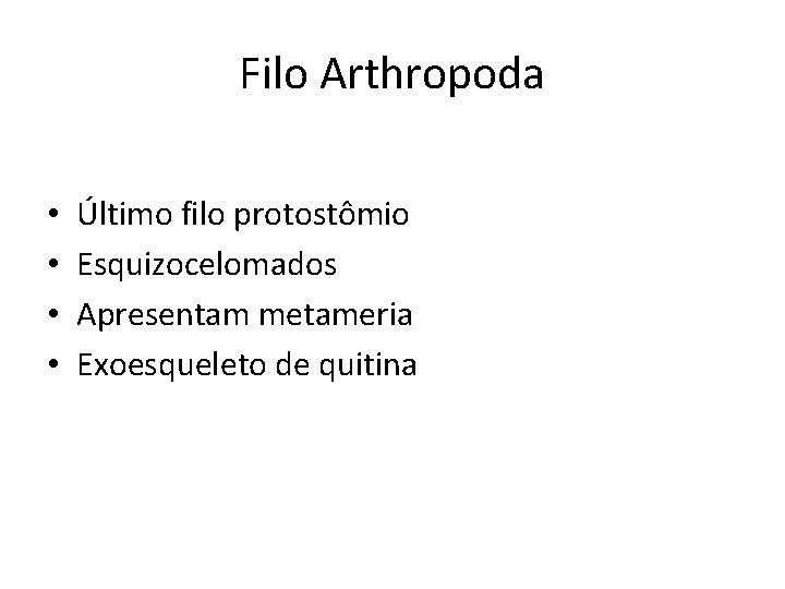 Filo Arthropoda • • Último filo protostômio Esquizocelomados Apresentam metameria Exoesqueleto de quitina 