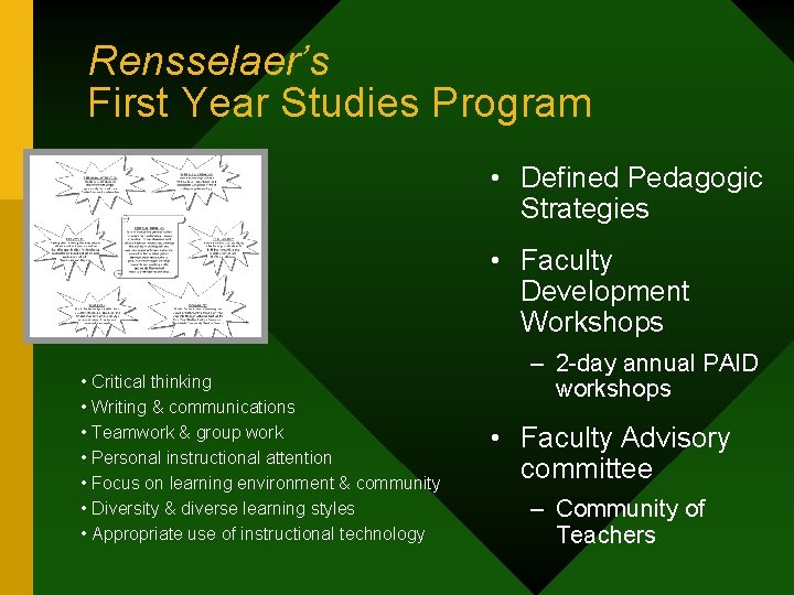 Rensselaer’s First Year Studies Program • Defined Pedagogic Strategies • Faculty Development Workshops •