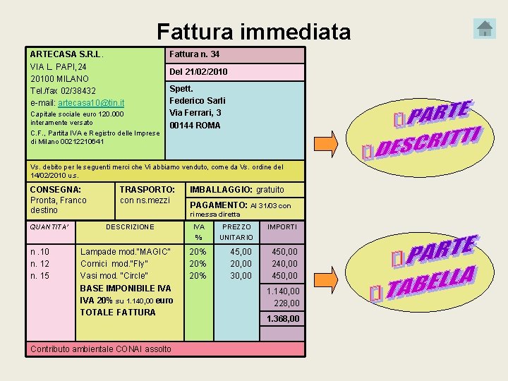 Fattura immediata ARTECASA S. R. L. VIA L. PAPI, 24 20100 MILANO Tel. /fax