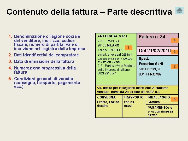 Contenuto della fattura – Parte descrittiva 1. Denominazione o ragione sociale del venditore, indirizzo,