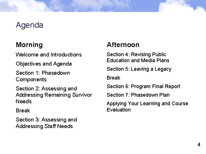 Agenda Morning Afternoon Welcome and Introductions Section 4: Revising Public Education and Media Plans