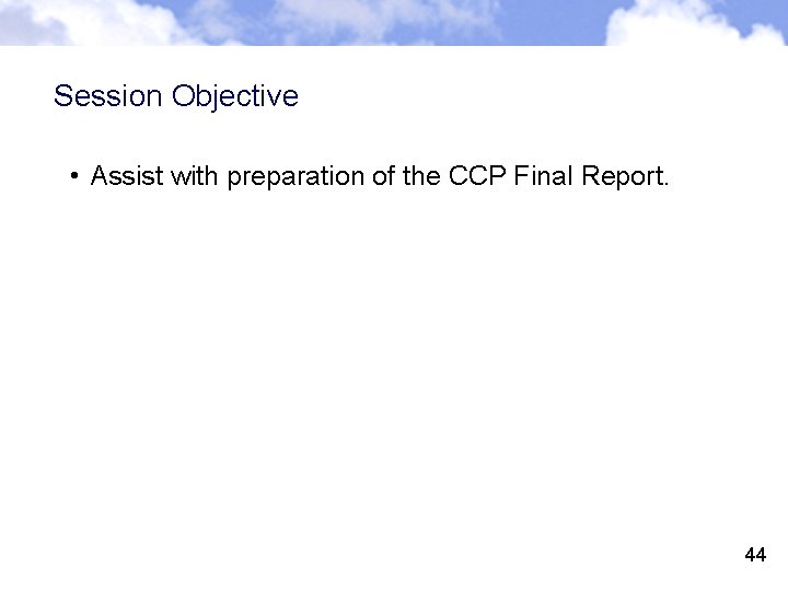Session Objective • Assist with preparation of the CCP Final Report. 44 