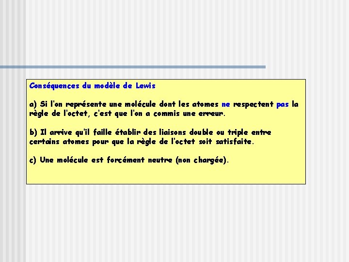 Conséquences du modèle de Lewis a) Si l’on représente une molécule dont les atomes