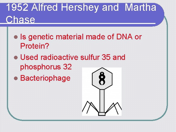 1952 Alfred Hershey and Martha Chase l Is genetic material made of DNA or