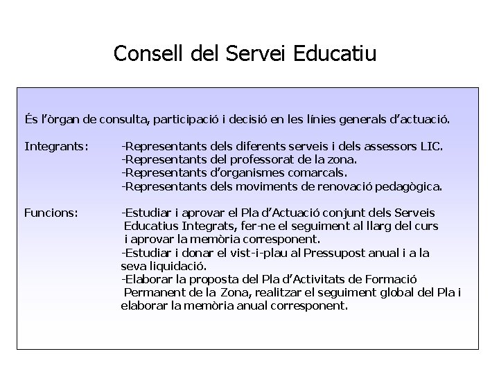 Consell del Servei Educatiu És l’òrgan de consulta, participació i decisió en les línies