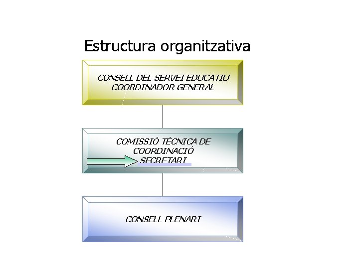 Estructura organitzativa CONSELL DEL SERVEI EDUCATIU COORDINADOR GENERAL COMISSIÓ TÈCNICA DE COORDINACIÓ SECRETARI CONSELL