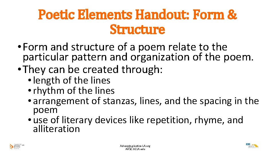 Poetic Elements Handout: Form & Structure • Form and structure of a poem relate