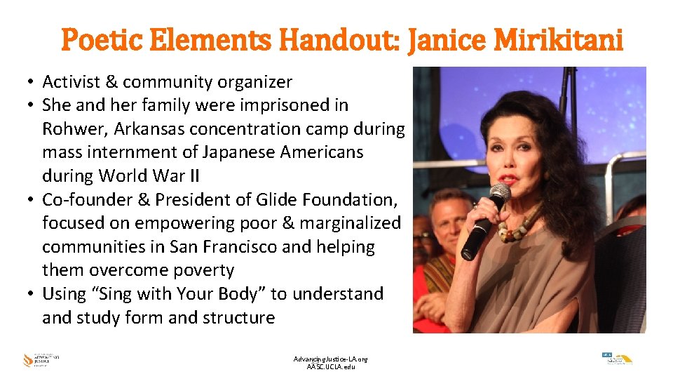 Poetic Elements Handout: Janice Mirikitani • Activist & community organizer • She and her