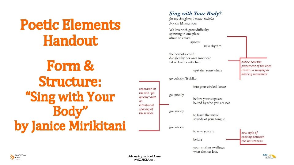 Poetic Elements Handout Form & Structure: “Sing with Your Body” by Janice Mirikitani Advancing.