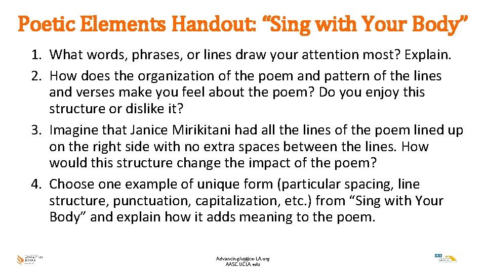 Poetic Elements Handout: “Sing with Your Body” 1. What words, phrases, or lines draw