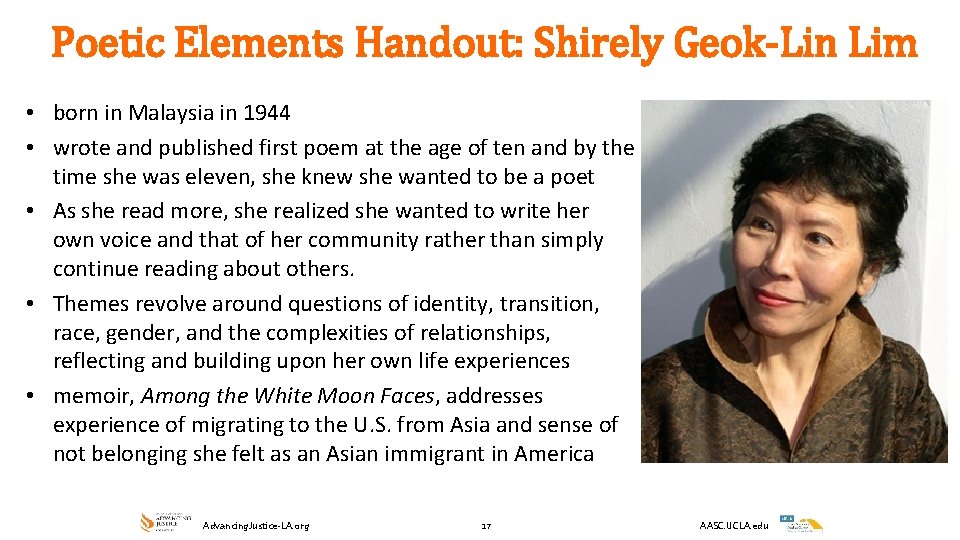 Poetic Elements Handout: Shirely Geok-Lin Lim • born in Malaysia in 1944 • wrote