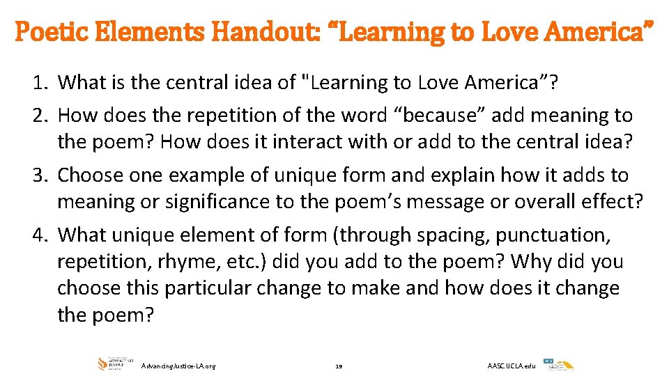 Poetic Elements Handout: “Learning to Love America” 1. What is the central idea of