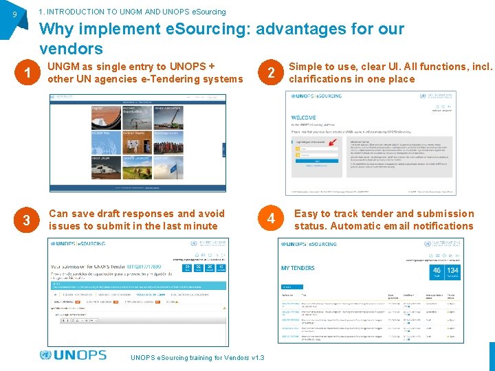 1. INTRODUCTION TO UNGM AND UNOPS e. Sourcing 9 Why implement e. Sourcing: advantages